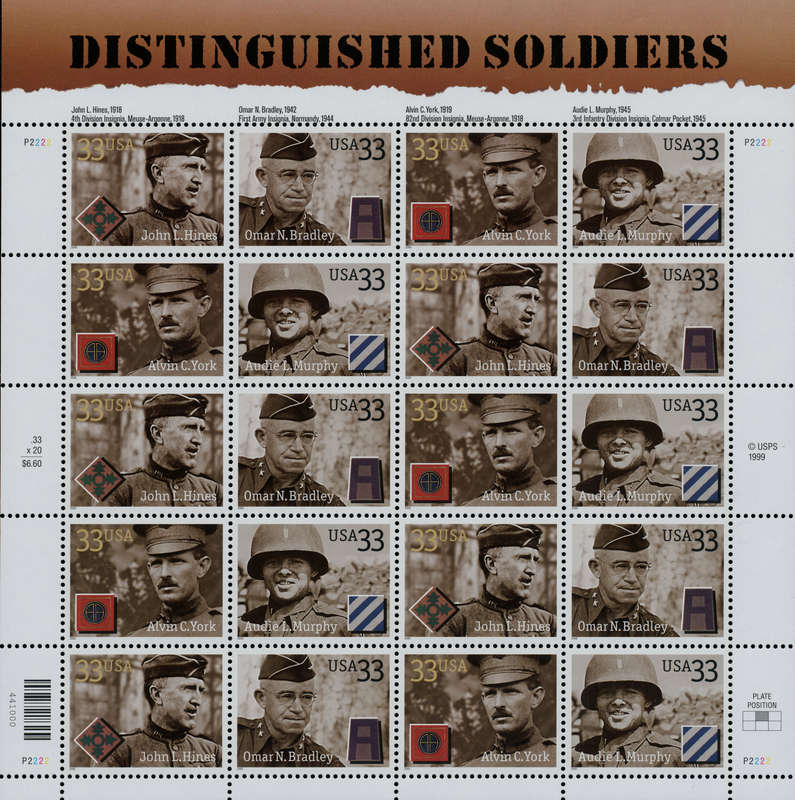 USA 2000 Distinguished Soldiers: Full Pane of Fifteen x 33 Cent Postage Stamps, Scott# 3396a.