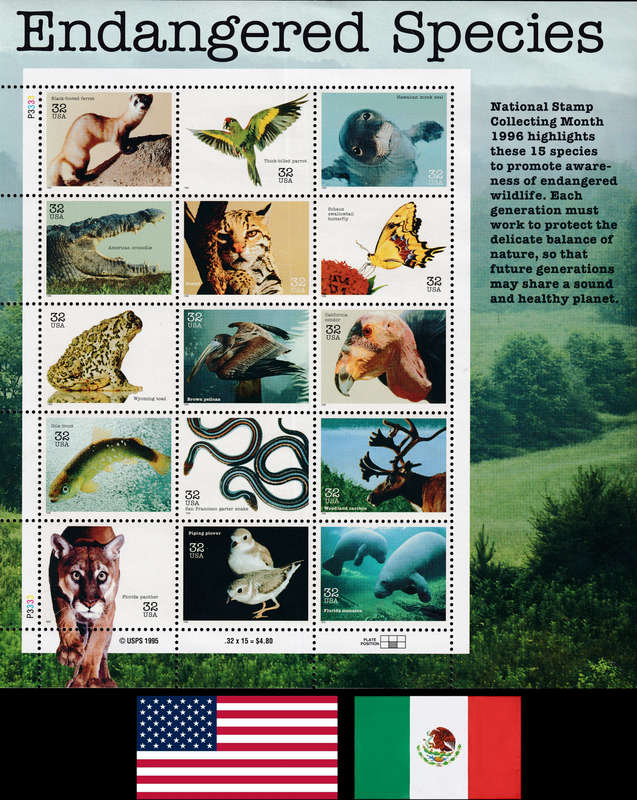 USA Endangered Species: Scott #3105. Joint Issue: USA / MEX 15-Stamp Souvenir Sheet.