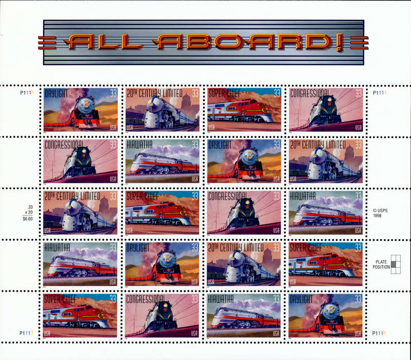 1999 All Aboard: Railroad: Full Sheet of Twenty x 33 Cent Postage Stamps. Scott #3337a.