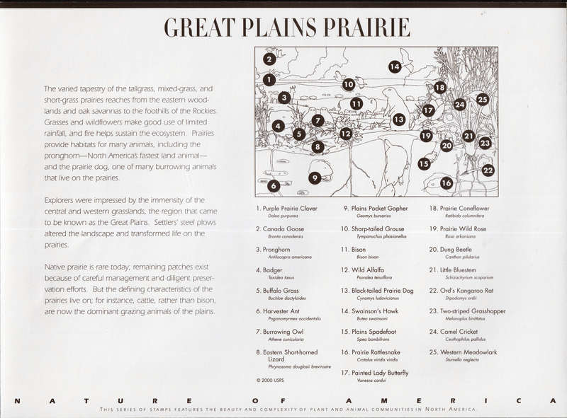 2001 Great Plains Prairie: (Nature of America) Ten Self-adhesive x 34-Cent Postage Stamps.