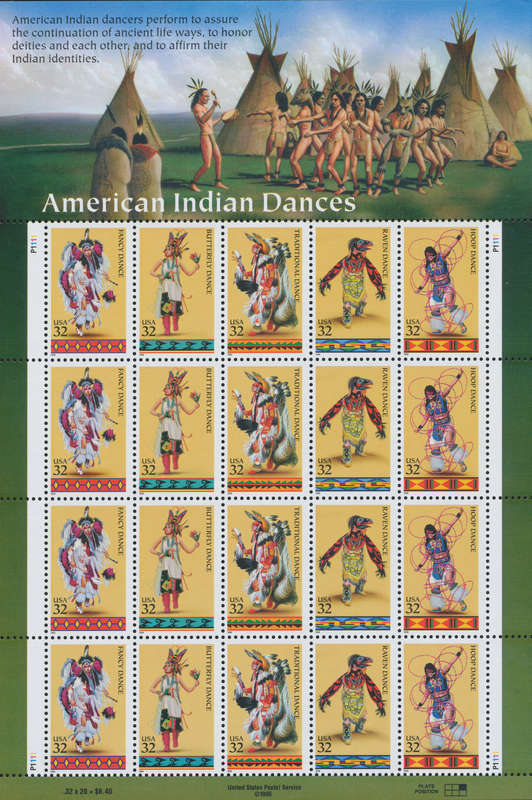 USA 1996 American Indian Dances: Twenty x 32 Cent Postage Stamps, Scott #3076a. Souvenir Sheet.