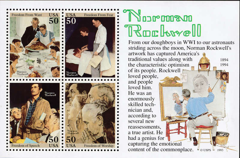 USA 1994 Norman Rockwell: Full Pane of Four x 50 Cent Postage Stamps. Scott #2840.