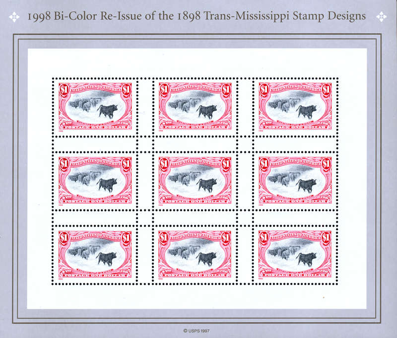 USA 1998 Bi-Color Re-Issue of the 1898 Trans-Mississippi "Black Bull" Scott #3210. Souvenir Sheet.