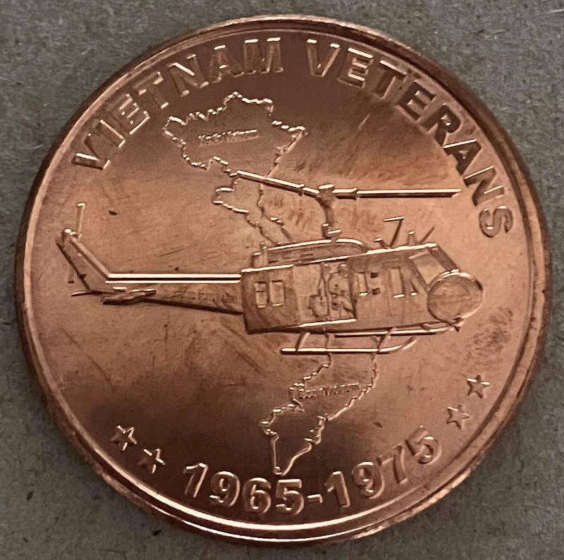 One Ounce Copper --- .999 Fine --- USA Vietnam Veterans --- Pure Copper Round.
