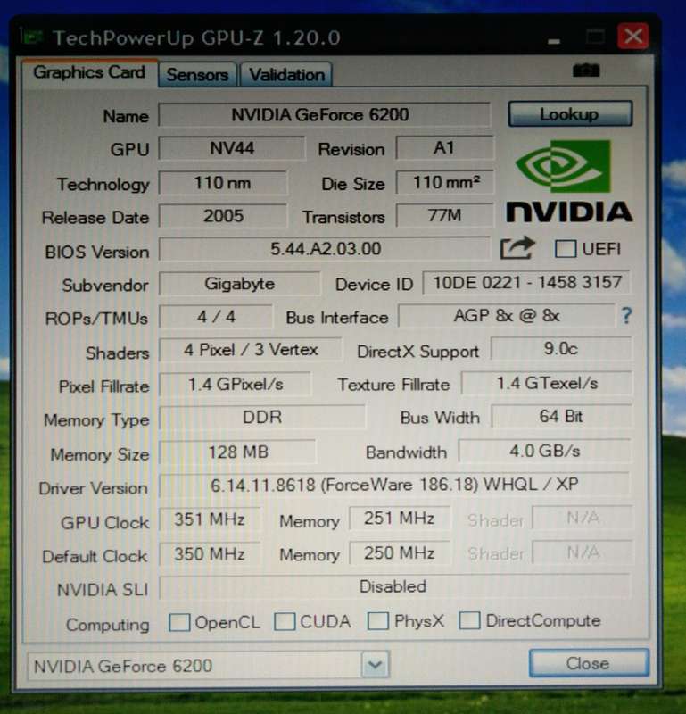 Gigabyte nVidia GeForce 6200 AGP 128mb 64-Bit (2005)