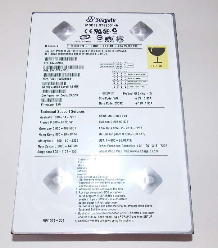 Seagate UX Series X 20GB Hard Drive IDE 5400 RPM (2003)