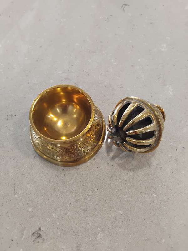 Vintage Elephant Claw Bell & Stand engraved flowers brass bell.