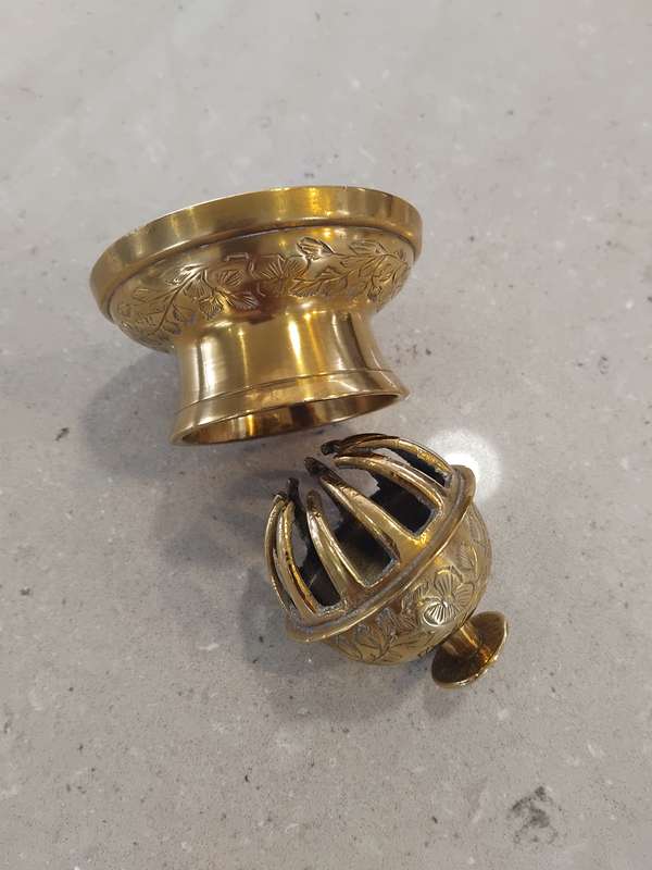 Vintage Elephant Claw Bell & Stand engraved flowers brass bell.