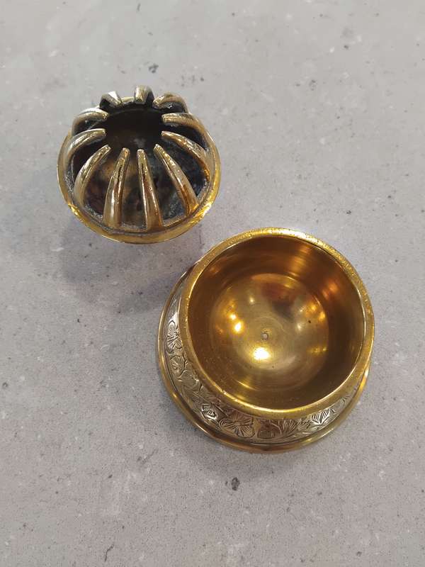 Vintage Elephant Claw Bell & Stand engraved flowers brass bell.