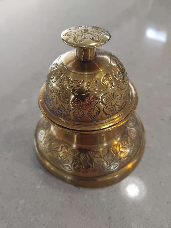 Vintage Elephant Claw Bell & Stand engraved flowers brass bell.