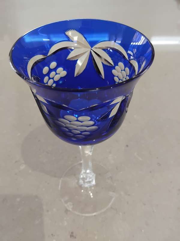 Vintage cobalt blue wine glass cut - clear 24% lead crystal Bavaria Geman.