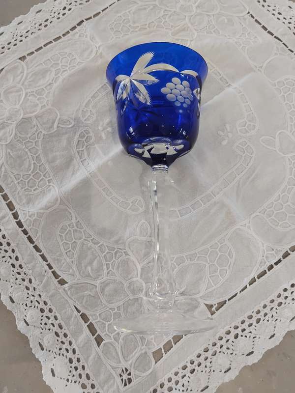 Vintage cobalt blue wine glass cut - clear 24% lead crystal Bavaria Geman.