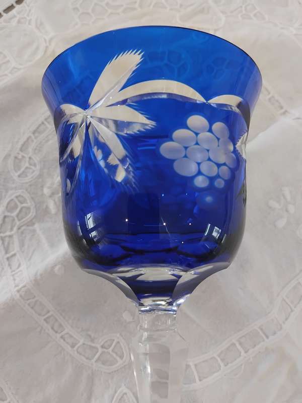 Vintage cobalt blue wine glass cut - clear 24% lead crystal Bavaria Geman.