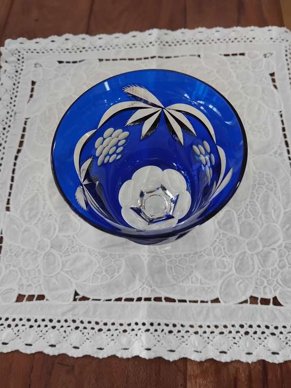 Vintage cobalt blue wine glass cut - clear 24% lead crystal Bavaria Geman.