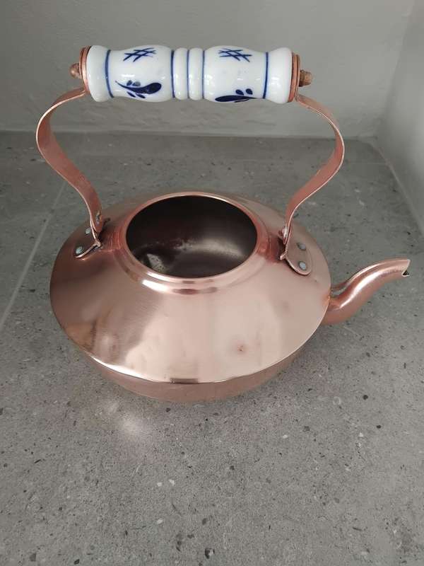 "Vintage" Copper Tea Pot with Porcelain Delft -y detail/Dutch handle - without lid.