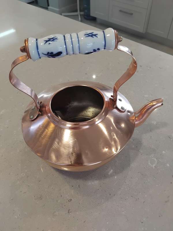 "Vintage" Copper Tea Pot with Porcelain Delft -y detail/Dutch handle - without lid.