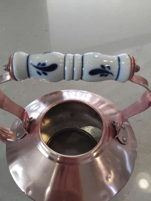"Vintage" Copper Tea Pot with Porcelain Delft -y detail/Dutch handle - without lid.