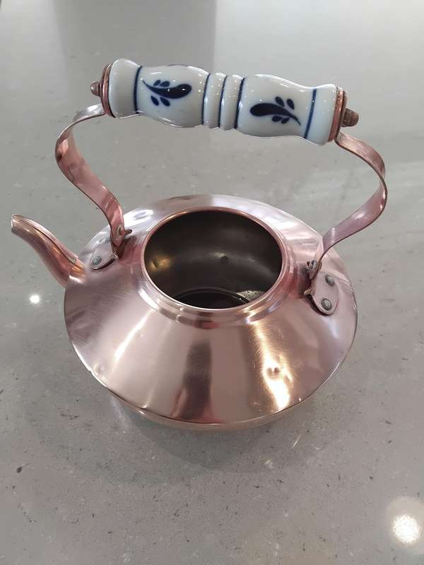 "Vintage" Copper Tea Pot with Porcelain Delft -y detail/Dutch handle - without lid.