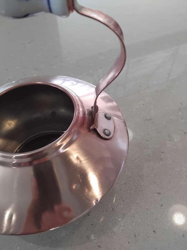 "Vintage" Copper Tea Pot with Porcelain Delft -y detail/Dutch handle - without lid.