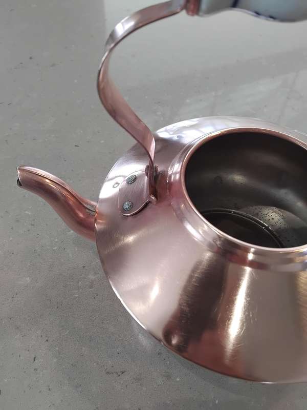"Vintage" Copper Tea Pot with Porcelain Delft -y detail/Dutch handle - without lid.