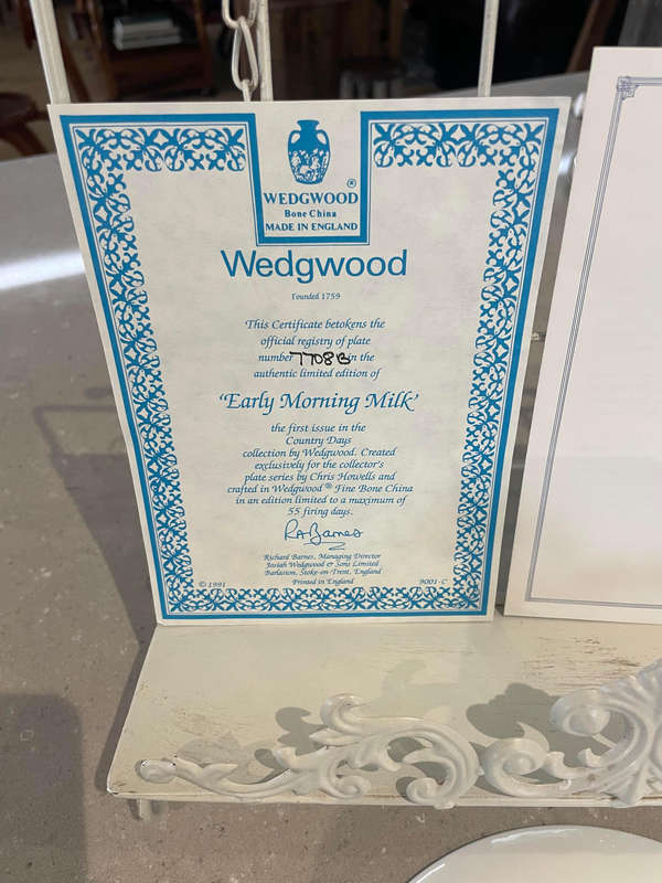 Wedgwood - "Early Morning Milk" Chris Howells Days Country Collectors plate, box, COA and leaflet.
