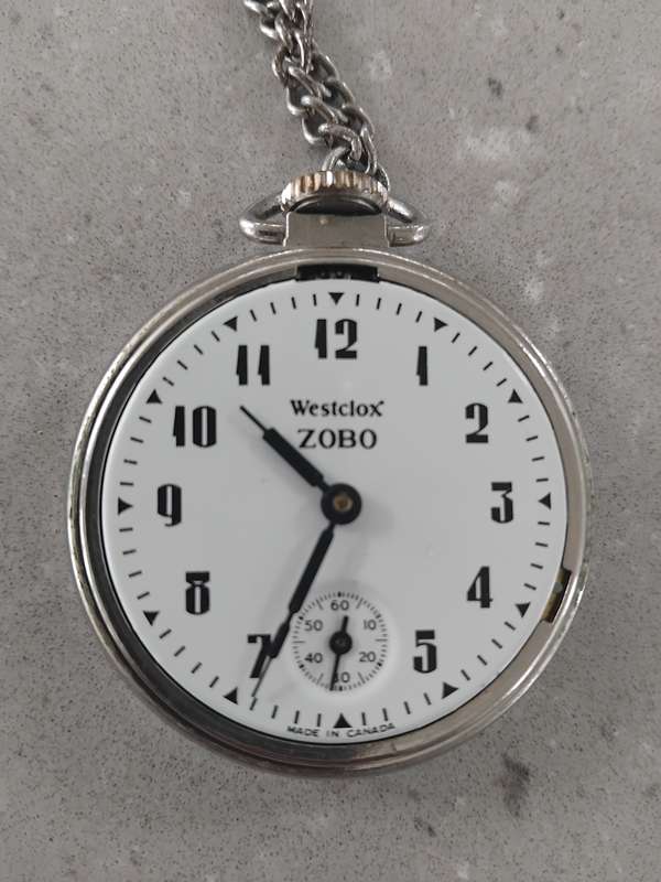Vintage Westclox ZOBO pocket watch on a fob chain