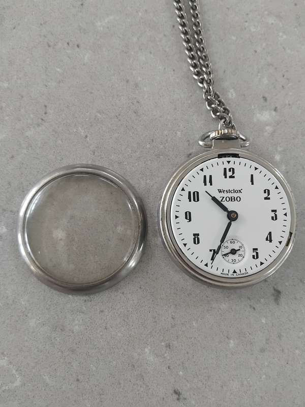 Vintage Westclox ZOBO pocket watch on a fob chain