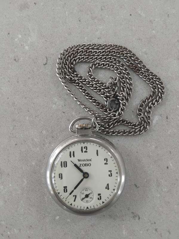 Vintage Westclox ZOBO pocket watch on a fob chain