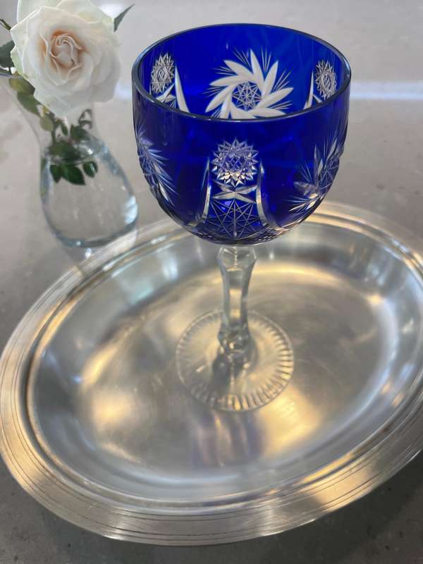 Four unique designed Bohemian Crystal Wine Glass/ Goblet Lead Crystal "Vintage/Antique" No marks!