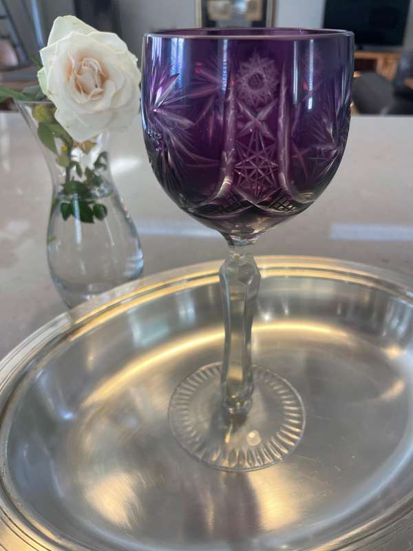 Four unique designed Bohemian Crystal Wine Glass/ Goblet Lead Crystal "Vintage/Antique" No marks!