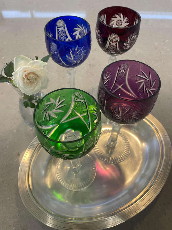 Four unique designed Bohemian Crystal Wine Glass/ Goblet Lead Crystal "Vintage/Antique" No marks!