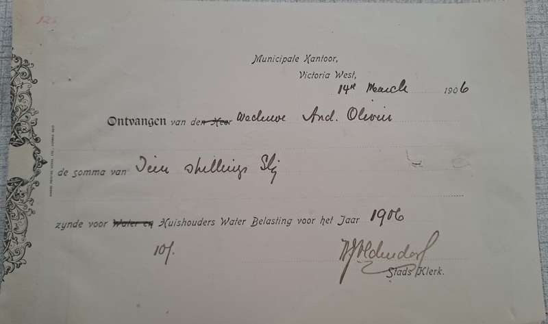 Victoria West Municipal office receipt dated 14 March 1906. - PLEASE READ DESCRIPTION.