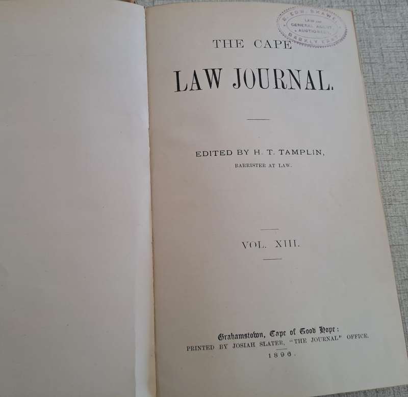 CAPE LAW JOURNAL, VOL XIII - CAPE OF GOOD HOPE 1896!