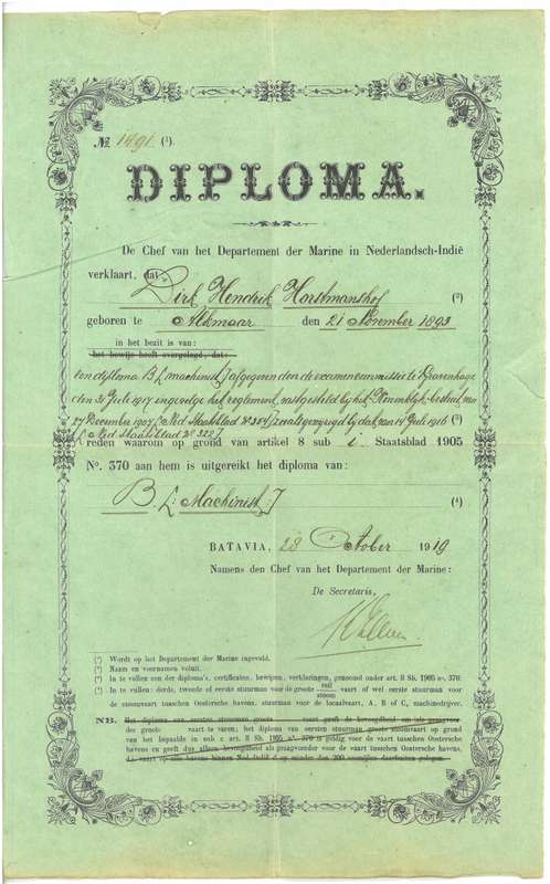 RARE - Diploma issued by the Dutch "Dept. der Marine" at BATAVIA, 1919. - PLEASE READ DESCRIPTION.