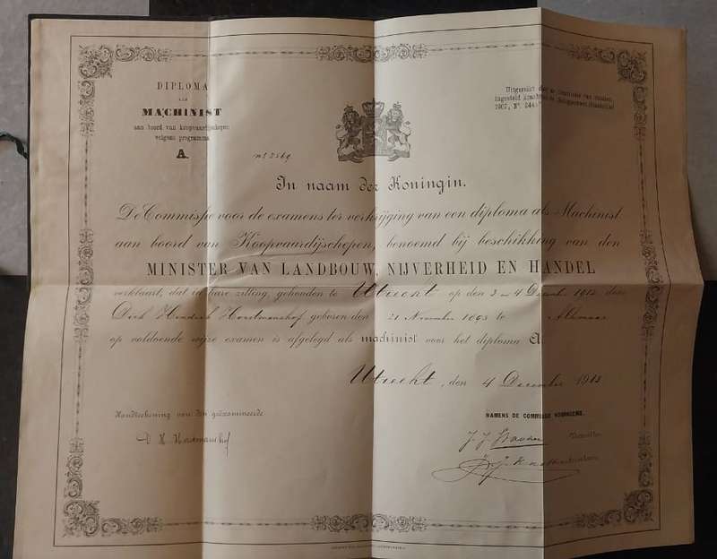 RARE "Diploma als Machinist A" Dutch Merchant Navy, 1913. - PLEASE READ DESCRIPTION.