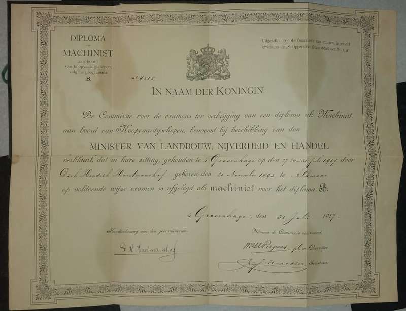RARE "Diploma als Machinist B" Dutch Merchant Navy, 1917. - PLEASE READ DESCRIPTION.