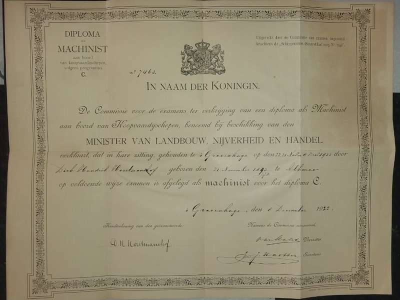 RARE "Diploma als Machinist C" Dutch Merchant Navy, 1922. - PLEASE READ DESCRIPTION.