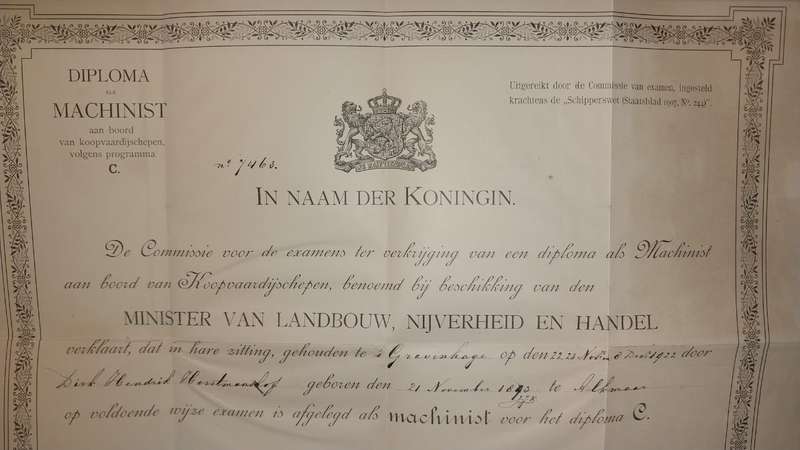 RARE "Diploma als Machinist C" Dutch Merchant Navy, 1922. - PLEASE READ DESCRIPTION.
