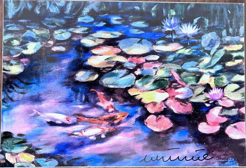 Koi fish(B) in Stellenbosch pond (print of painting by Mimmie Pienaar on 14.75 x 10cm fridge magnet)