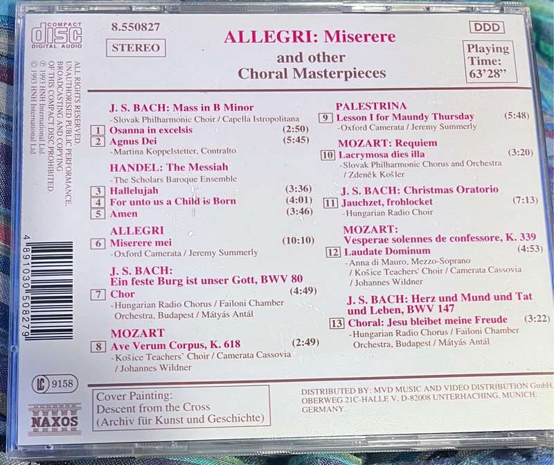 ALLEGRI: Miserere and other Choral Masterpieces (made in Germany)