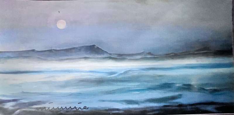 Full moon over the ocean at Franskraal print of painting by Mimmie Pienaar - fridge magnet (20x10cm)