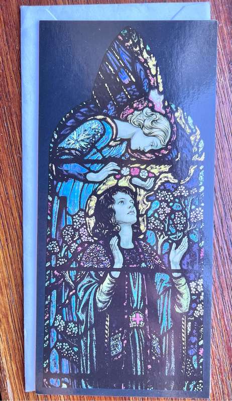 St Cecilia stained glass window Christmas card (unused with envelope) (8.25cm x 17.75cm)