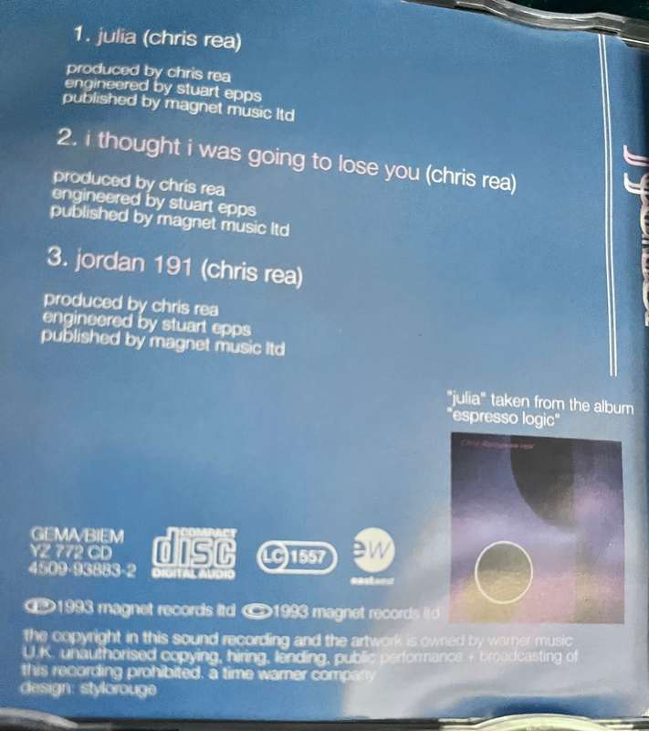 Chris Rea - Julia (CD single) - made in Germany YZ 772 CD and  4509-93883-2