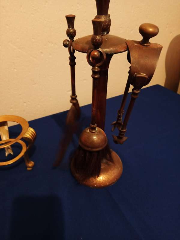 Man Holding Brass Serving Bowl Statue.  Bronzed metal Fireplace Companion set