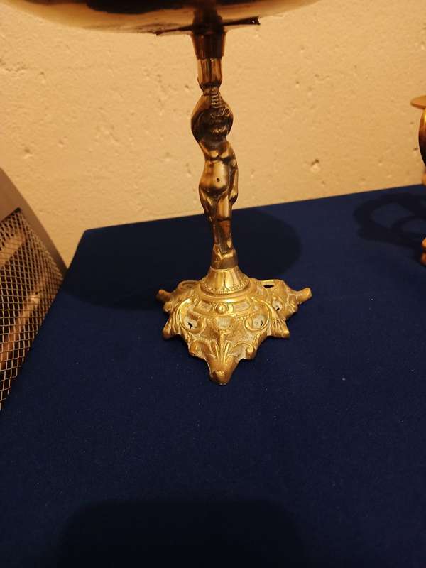 Man Holding Brass Serving Bowl Statue.  Bronzed metal Fireplace Companion set