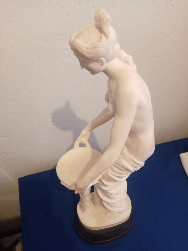 This vintage big 60cm Sculptor A. Santini Alabaster Woman With Basin Sculpture ITALY
