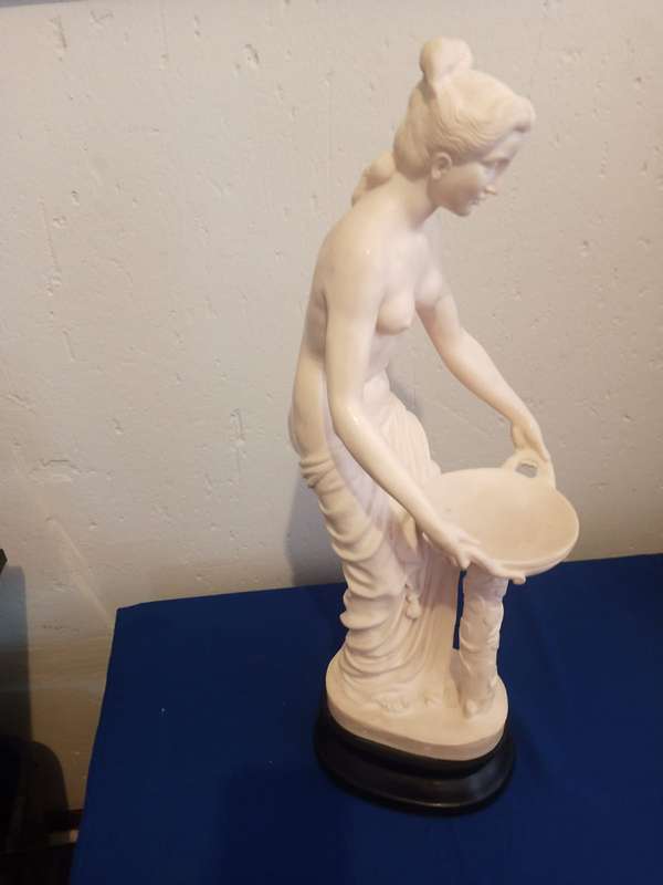 This vintage big 60cm Sculptor A. Santini Alabaster Woman With Basin Sculpture ITALY