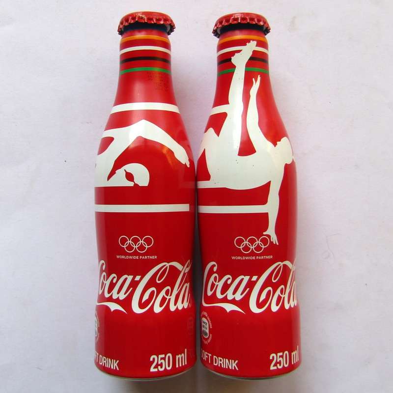2 Coca Cola Olympic Partner Coke 250ml Aluminium Bottles with Caps