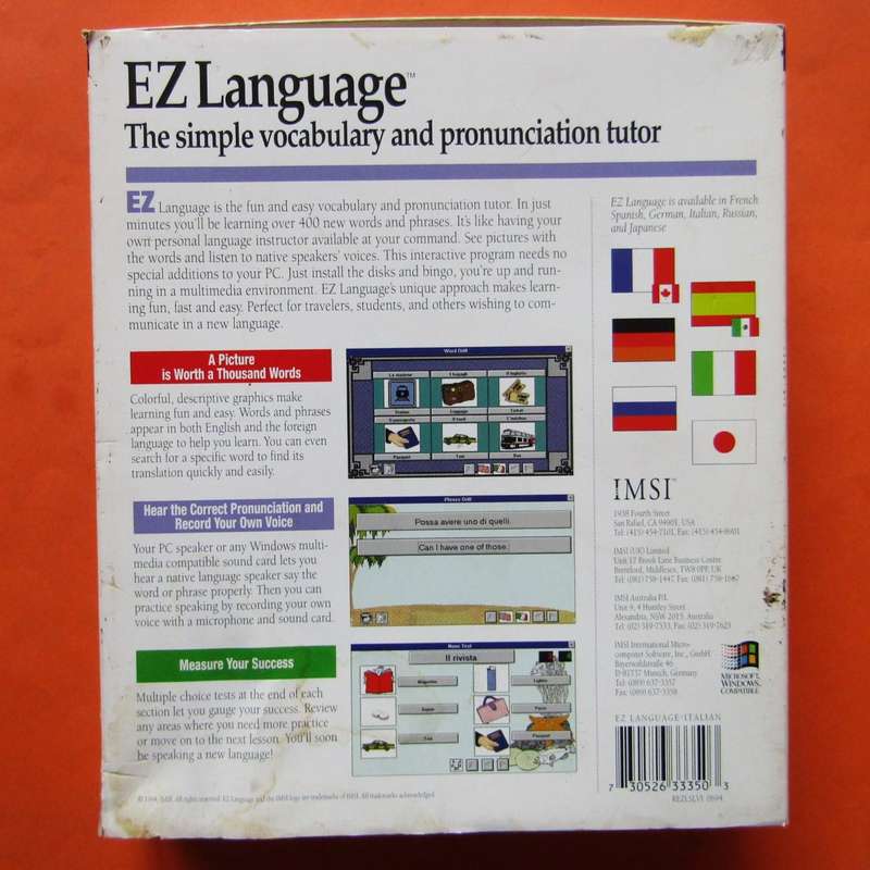 EZ Language Learn Italian - Stiffy Disk Software Program (1994)