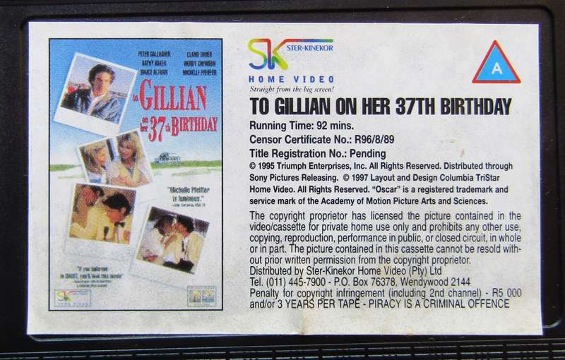 To Gillian on Her 37th Birthday - Movie VHS Tape (1997)